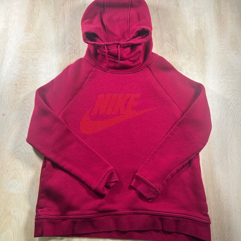 Nike Sportswear Womens Funnel Neck Fleece Hoodie Magenta Red Logo Pullover